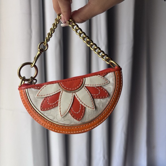 Vtg COACH Orange Flower Fruit Slice Leather Coin Purse Keychain Y2K - Picture 2 of 5